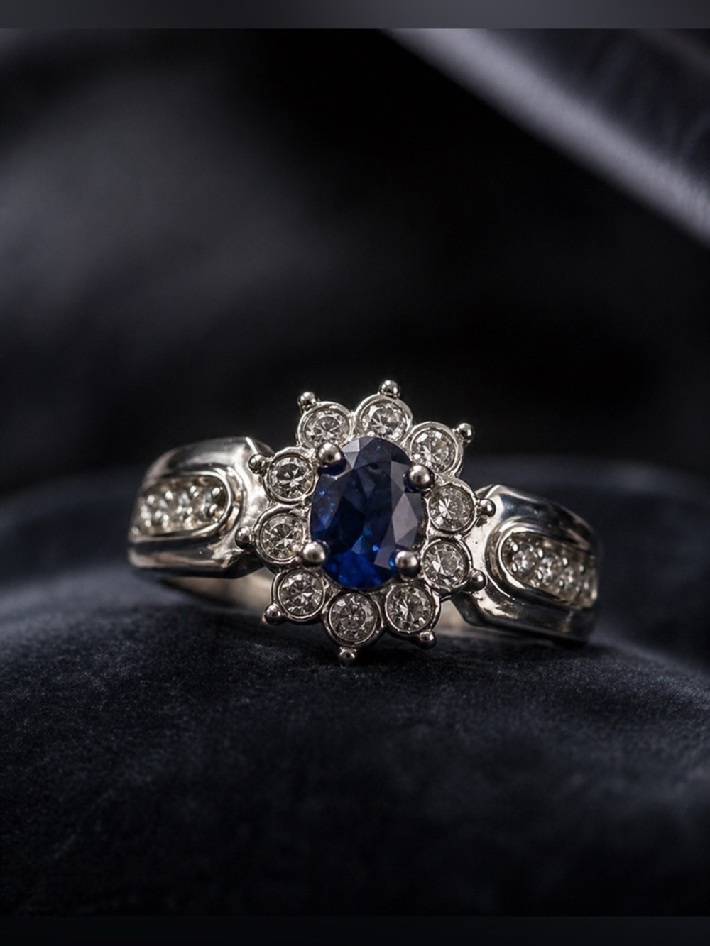 💙 Regal Sapphire Blue Halo Ring • Silver Tone • Size 9 • Statement Crown Setting